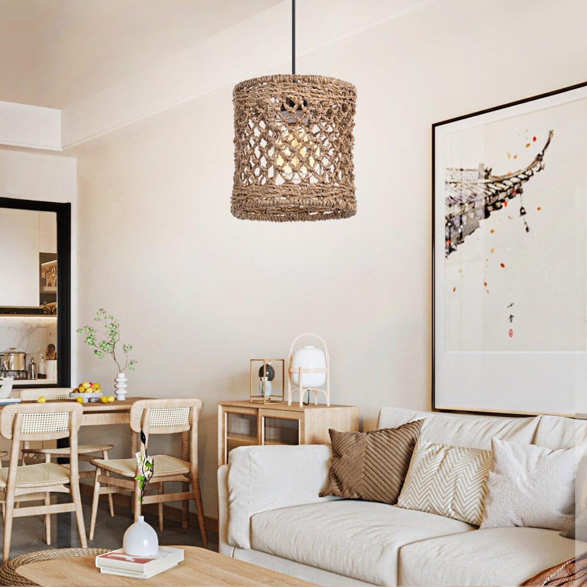 Suspension 3 lampes rotin – Image 2