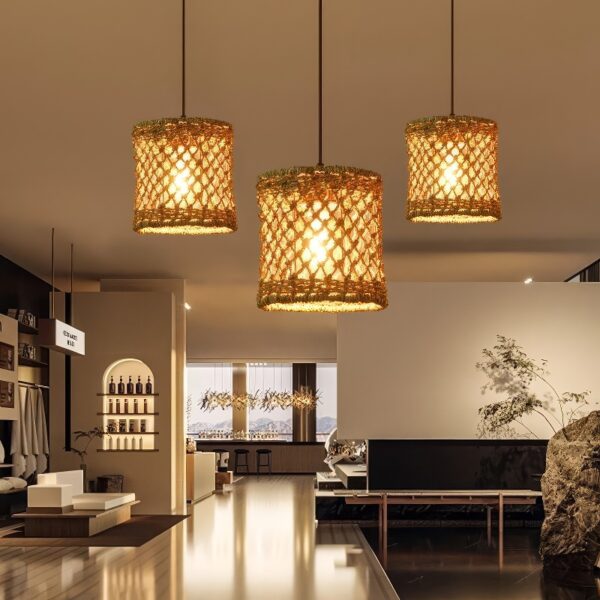 Suspension 3 lampes rotin