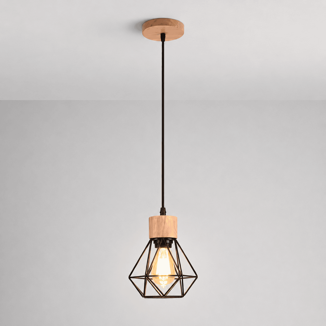 Suspension bois et métal noir cage-1 Suspension bois et métal noir cage – Image 1