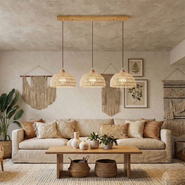 Suspension luminaire 3 lampes rotin tressé naturel