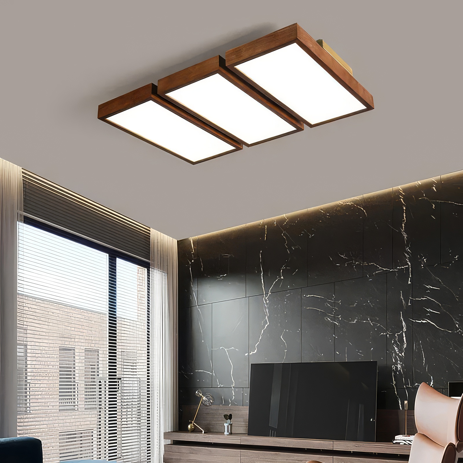 image (2) Plafonnier LED rectangulaire bois massif – Image 1