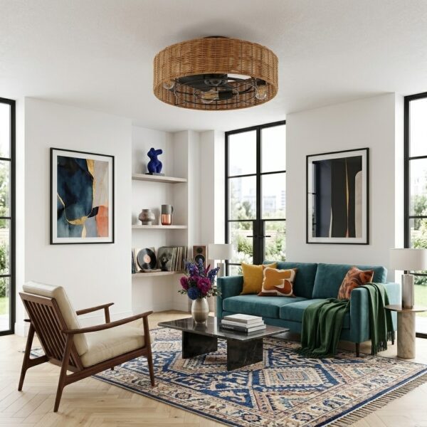 Plafonnier ventilateur rotin