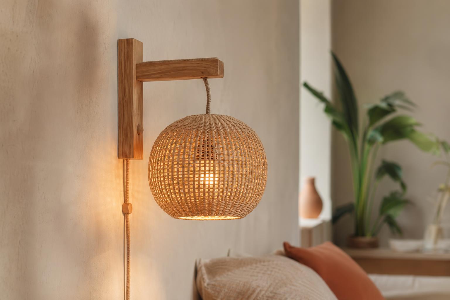 Applique murale DIY en rotin et bois brut allumée dans une chambre aux tons neutres