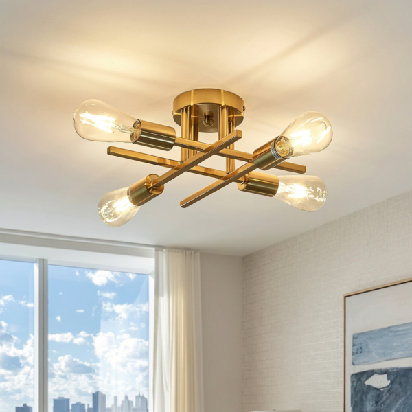 Plafonnier quatre lampes dorées