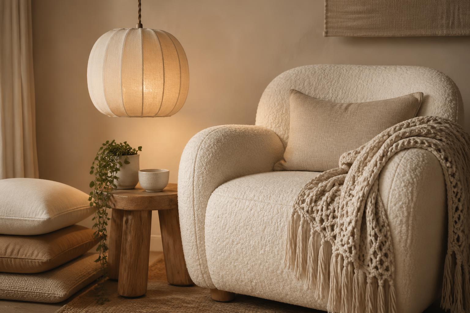 Style bouclé textile 2026 fauteuil bouclé suspension lin cocooning