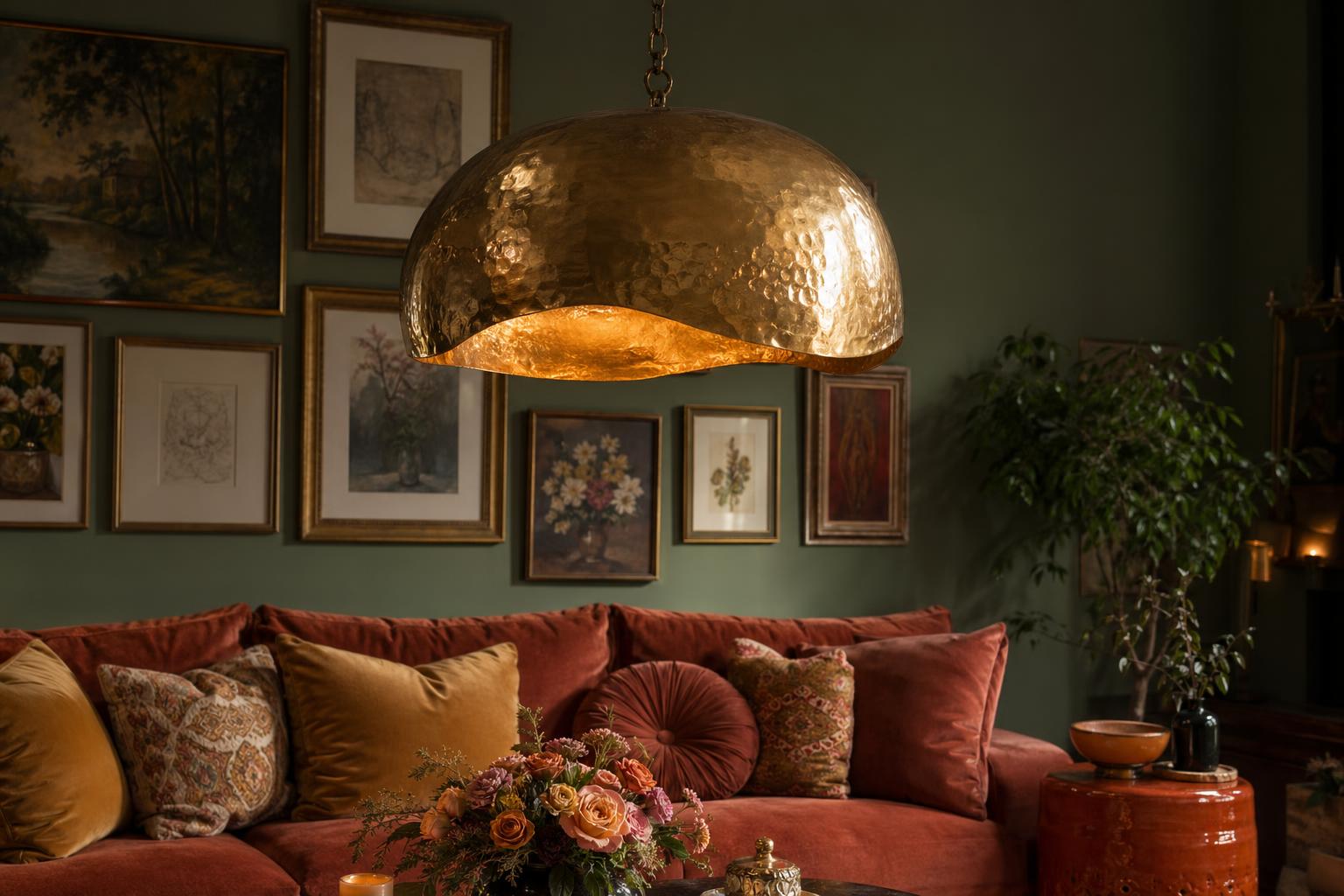 Salon maximaliste doux 2026 suspension laiton terracotta ocre velours