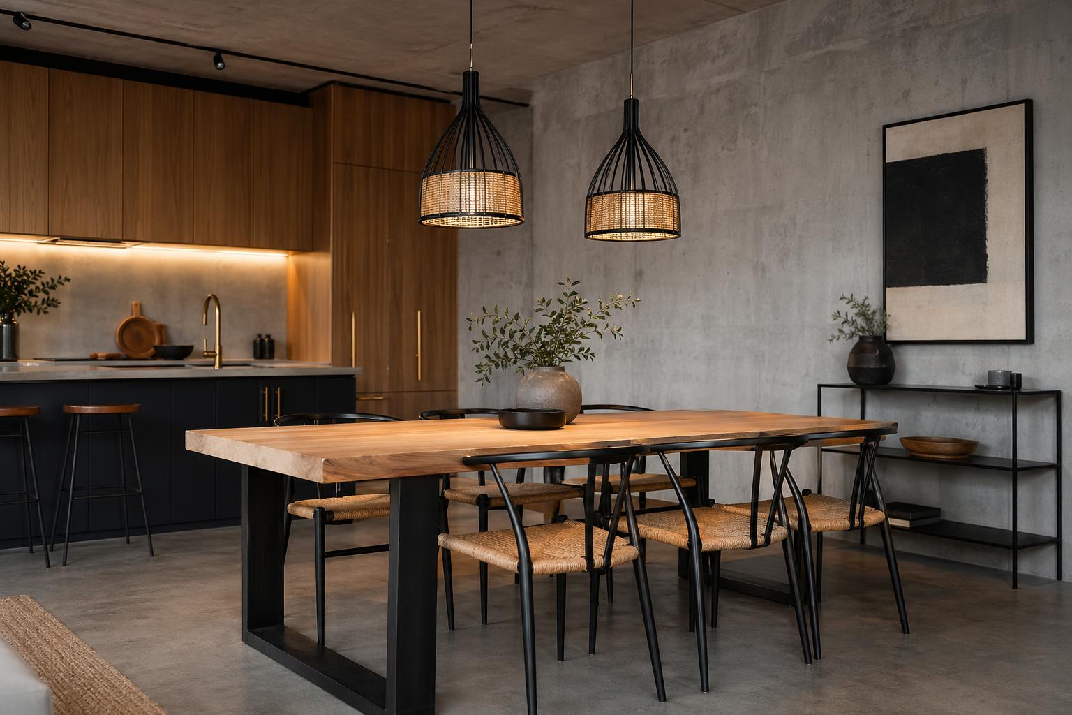 Cuisine style naturel-industriel 2026 suspensions métal noir bambou bois