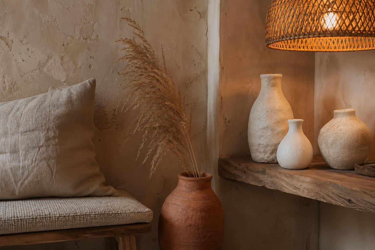 Détail déco wabi-sabi 2026 céramiques irrégulières et lin brut