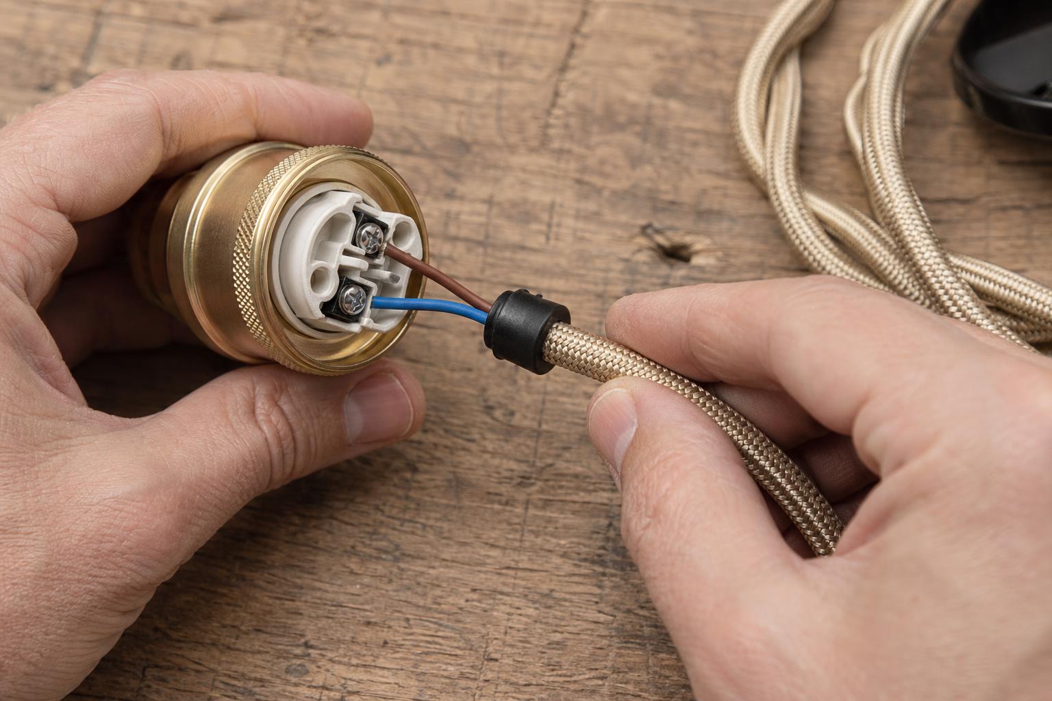 Câblage d'une douille E27 dorée sur câble textile pour applique murale maison