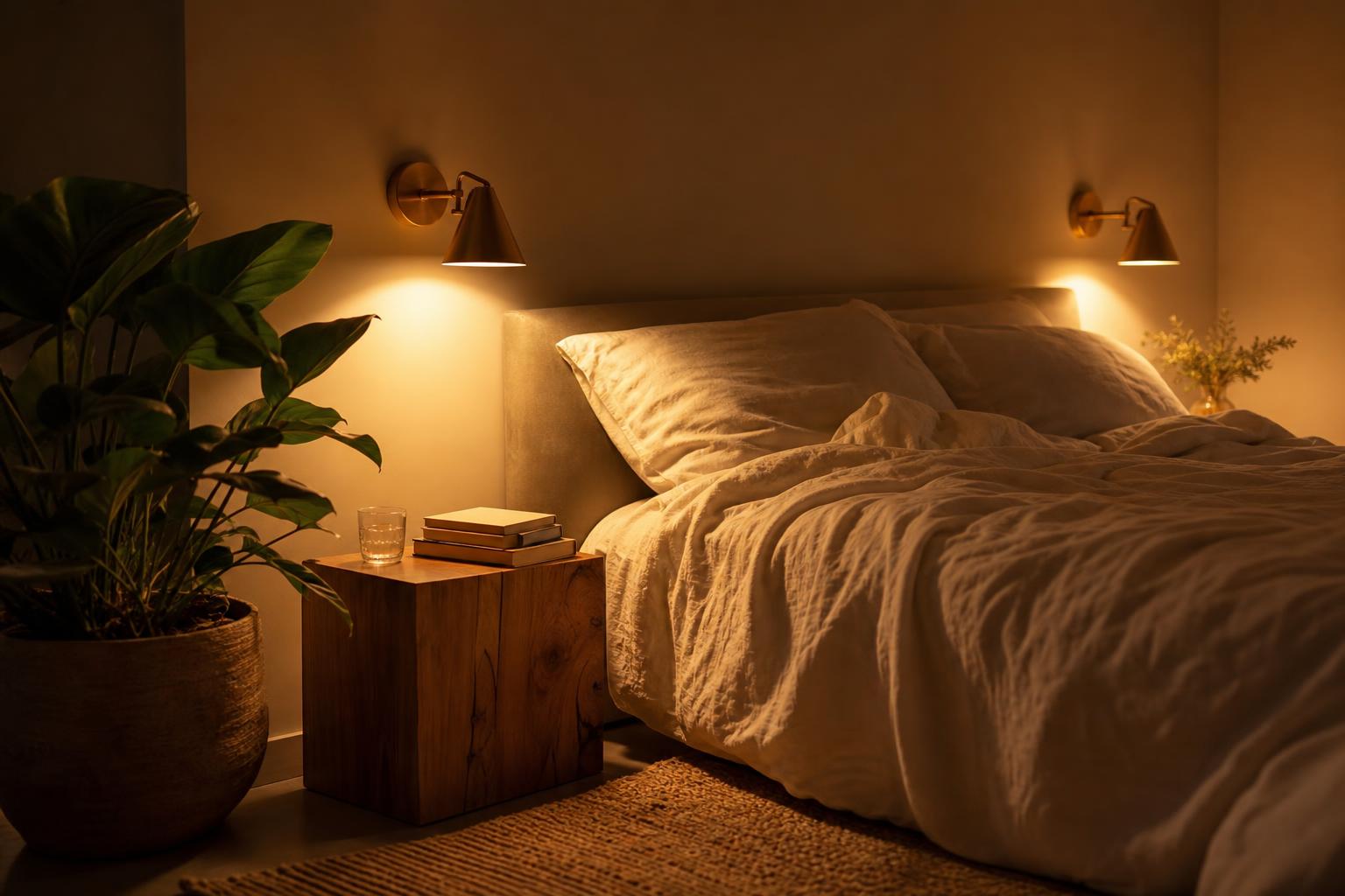 Chambre cocooning éclairée par des appliques en laiton brossé diffusant une lumière chaude 2700K, ambiance intime du soir