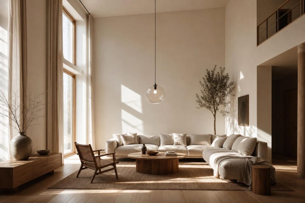 Suspension globe en verre bien proportionnée dans salon lumineux scandinave