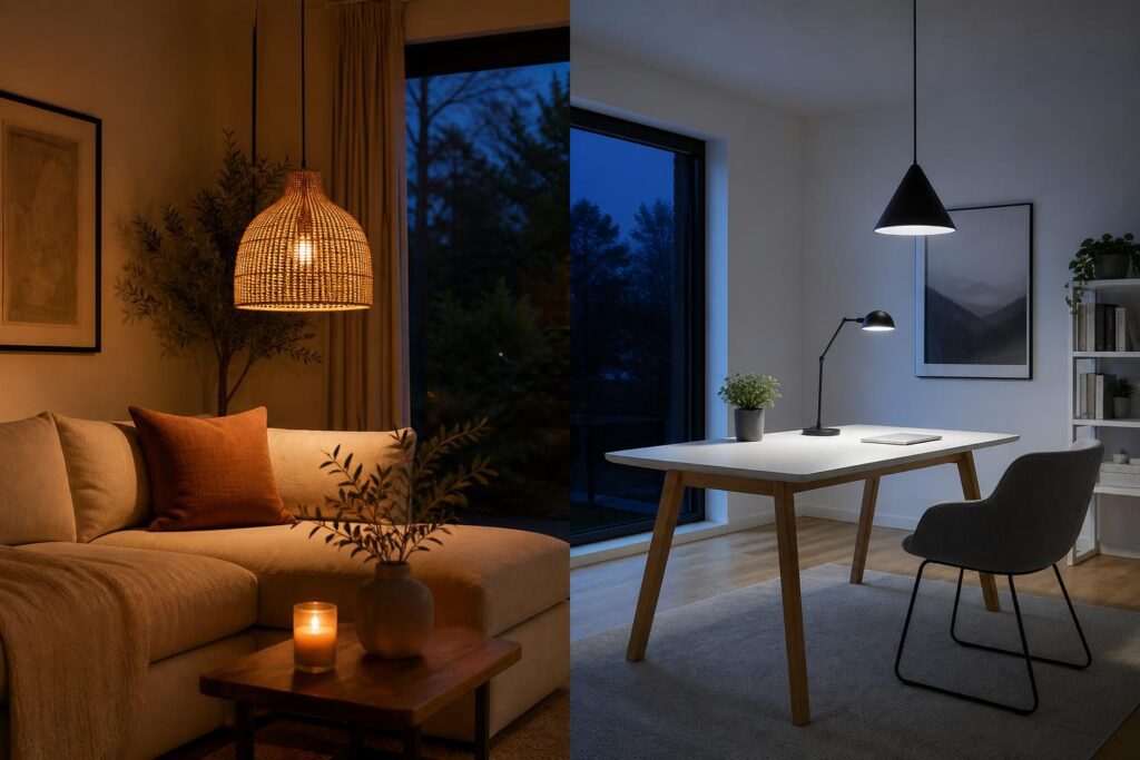 Comparaison lumière chaude 2700K salon cosy et lumière froide 4000K bureau épuré