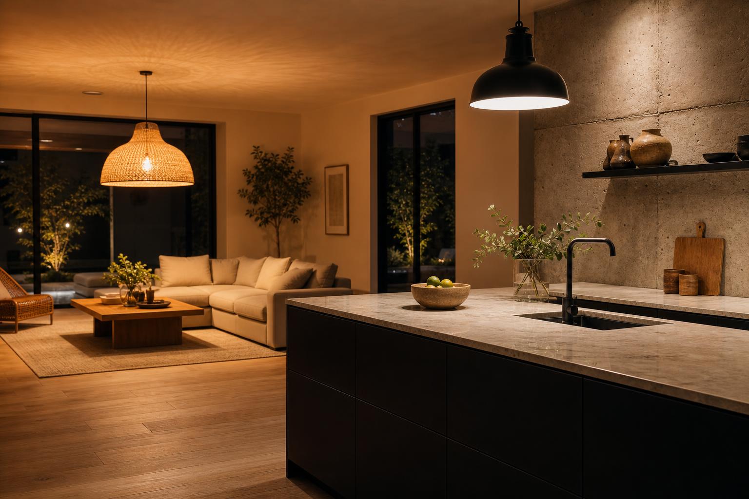 Cuisine ouverte avec suspension noire 3000K au-dessus du plan de travail et suspension en rotin 2700K dans le salon adjacent