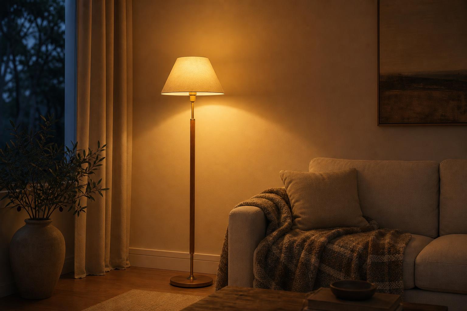Lampadaire de salon allumé lumière chaude dorée ambiance cosy