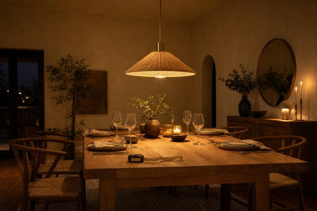 Lustre en laiton suspendu à bonne hauteur au-dessus table à manger bois