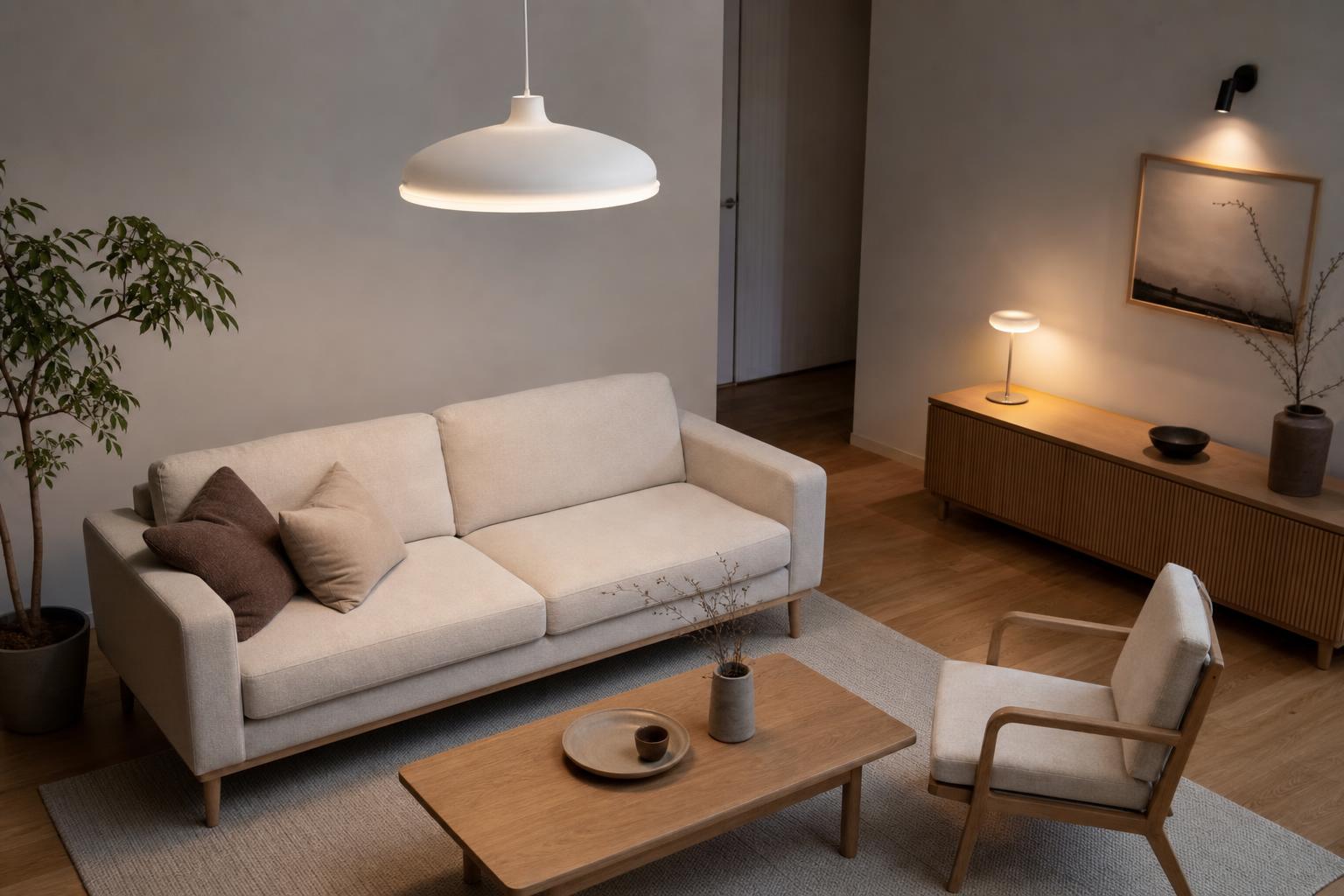 Salon avec trois sources lumineuses illustrant les couches d'éclairage