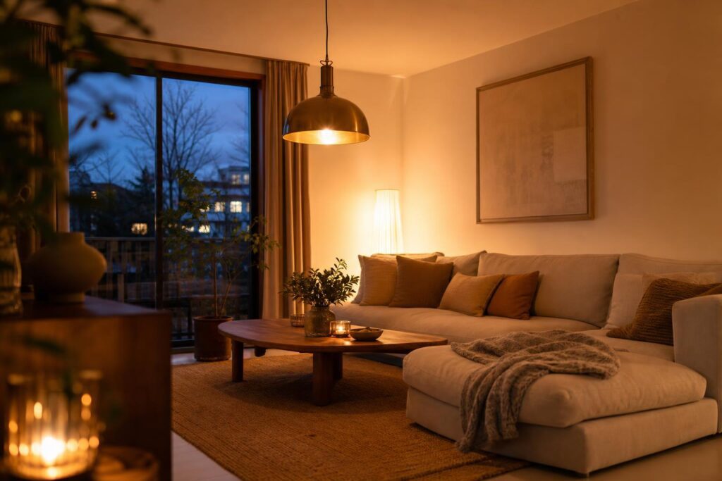 Salon 20 m² éclairé le soir avec suspension dorée et lampe de sol