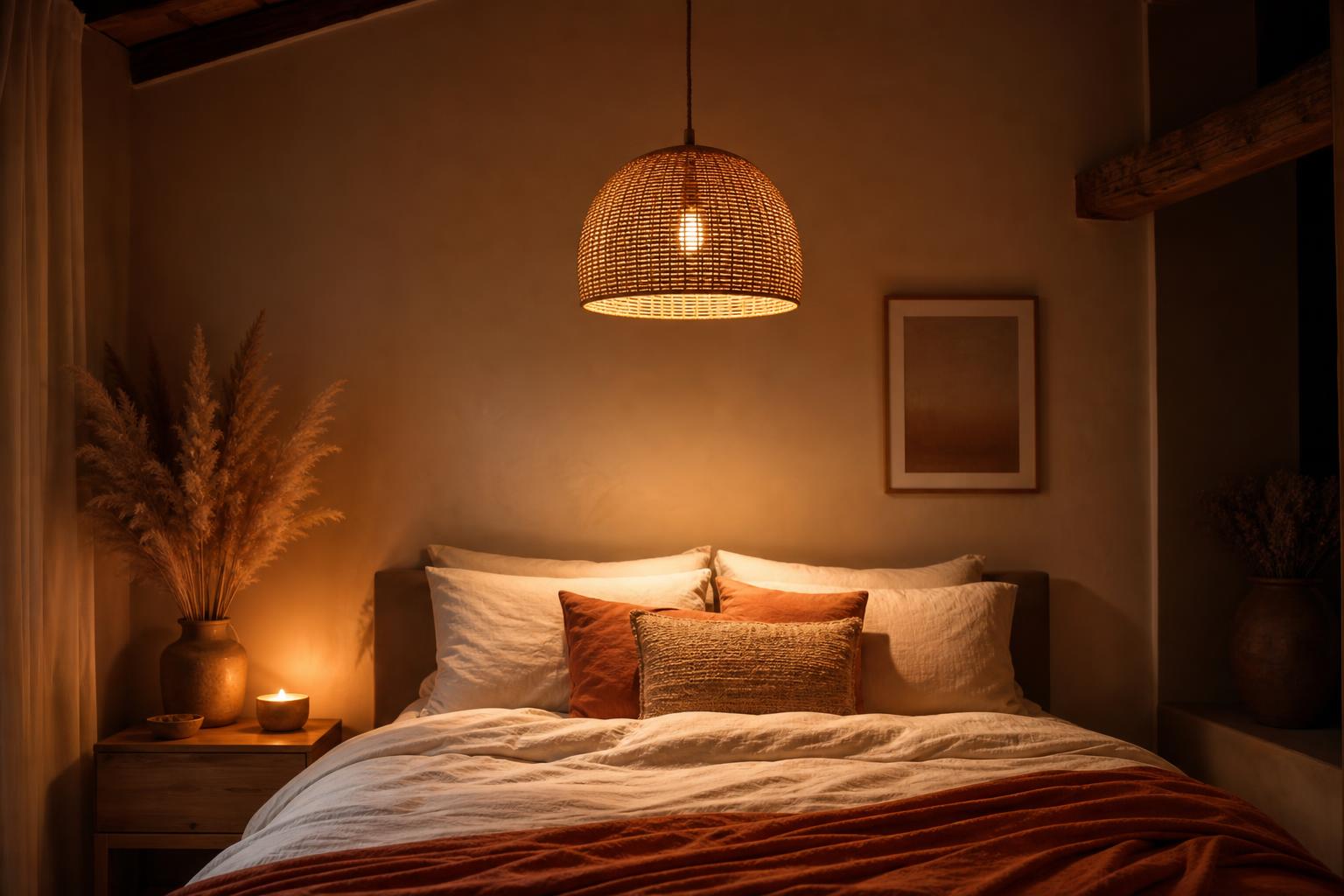 Suspension rotin taille adaptée chambre adulte ambiance cocooning lumière tamisée