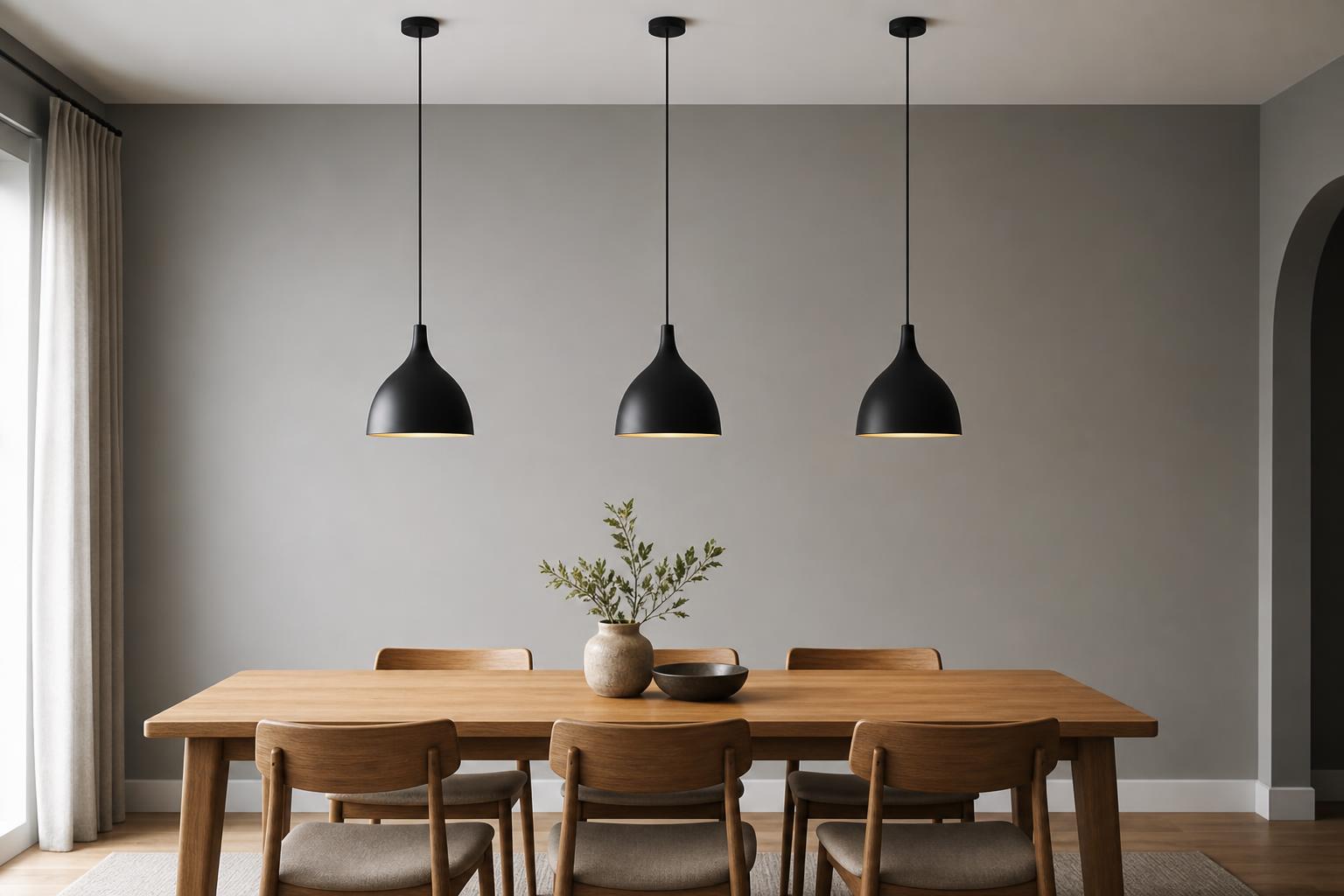 Trois suspensions noires au-dessus d'une table à manger hauteur d'accroche correcte