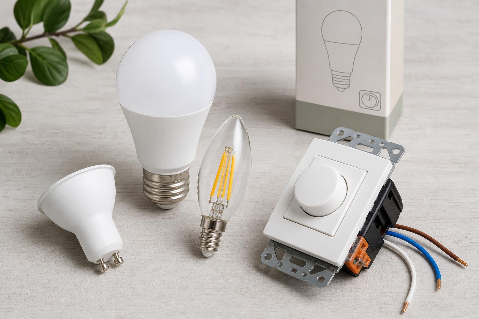 Ampoules LED dimmables et variateur LED posés sur surface claire épurée