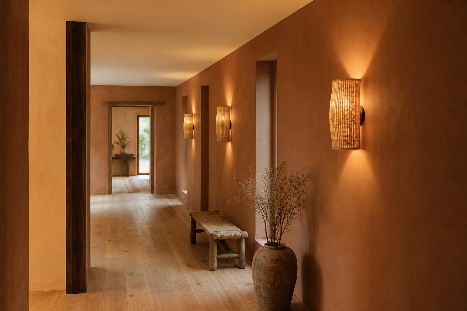 Trois appliques en rotin alignées en enfilade dans couloir long maison contemporaine