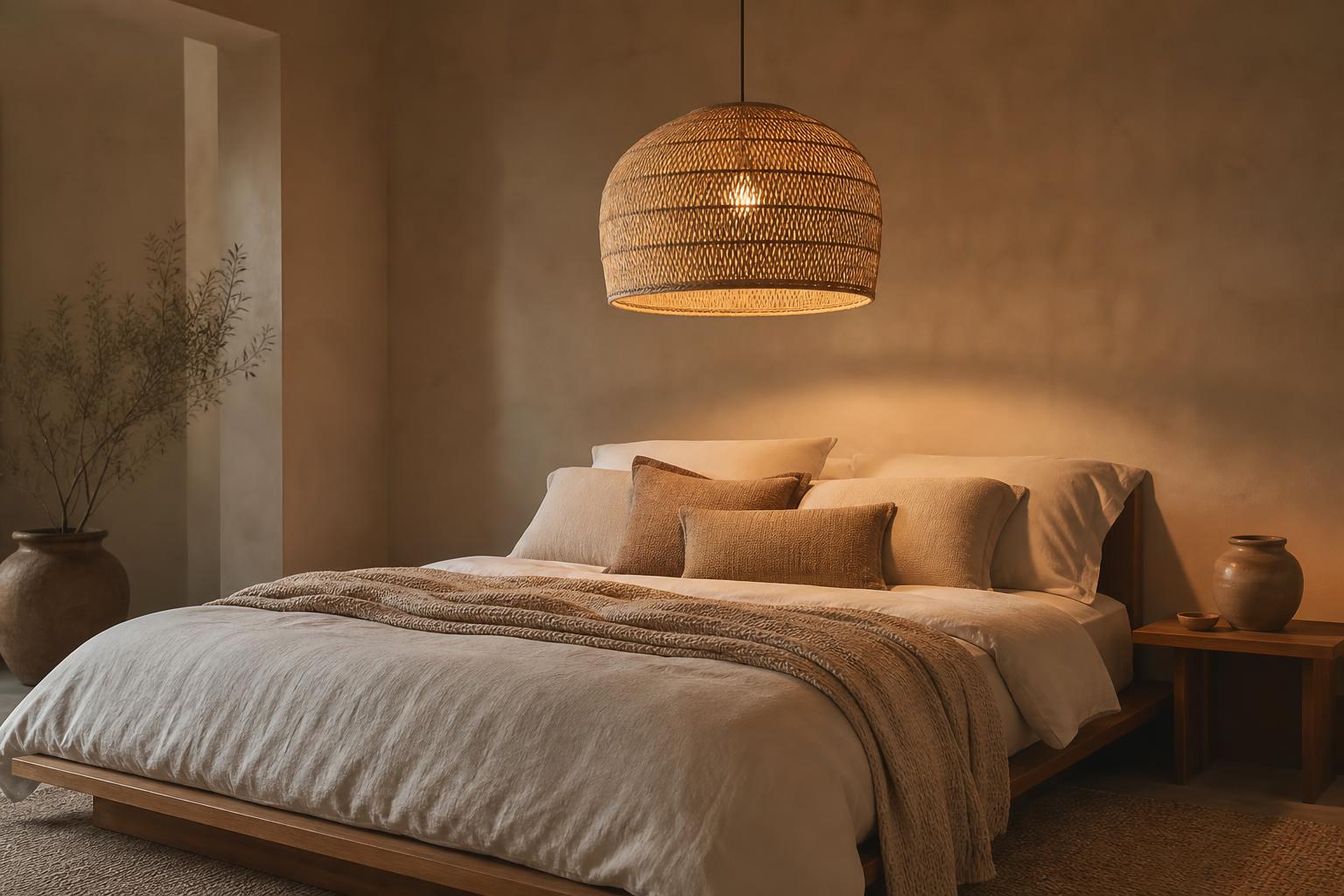 Chambre adulte minimaliste suspension rotin lumière douce chaude ambiance apaisante soir