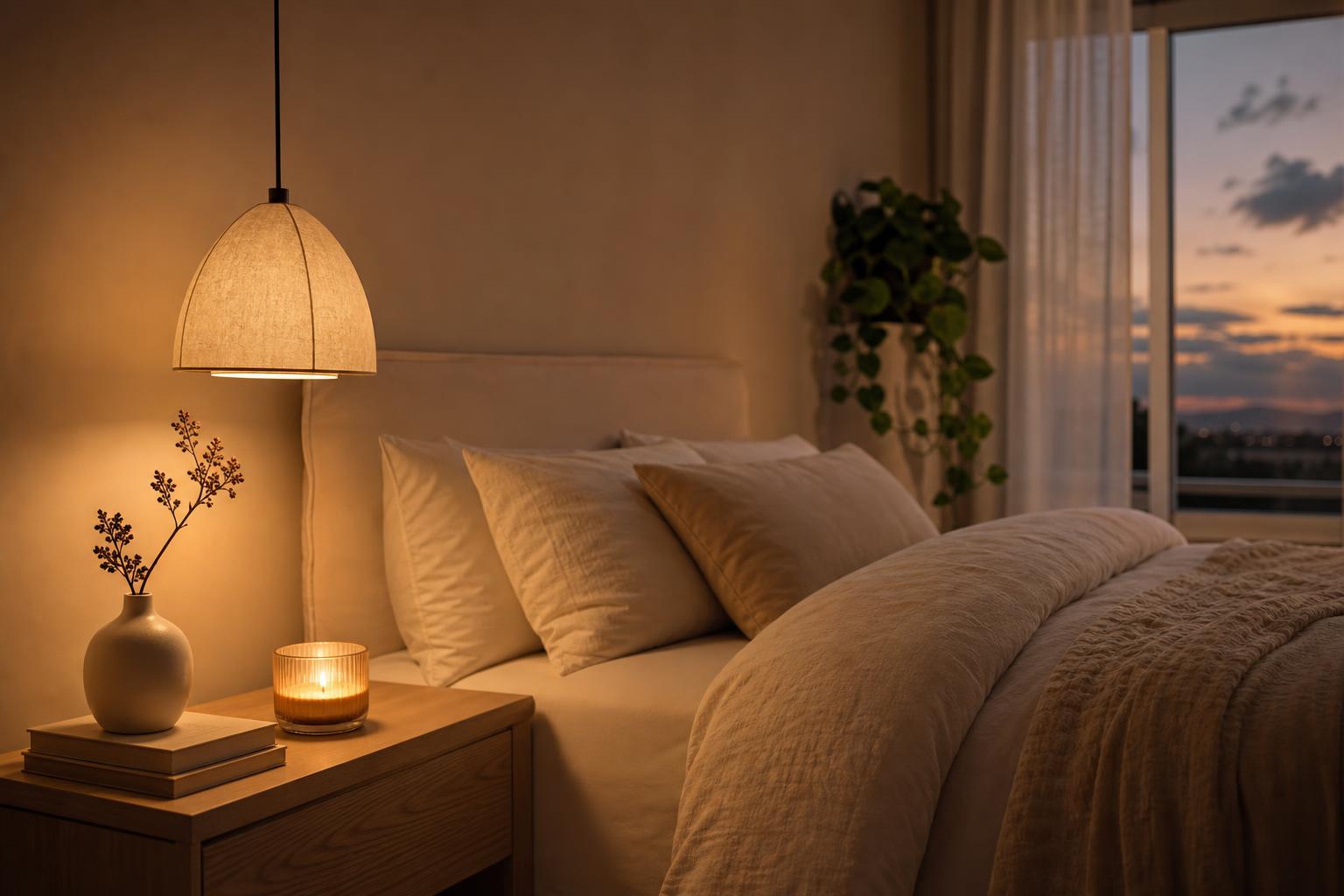 Chambre parentale sereine avec suspension lin et éclairage chaleureux bien-être
