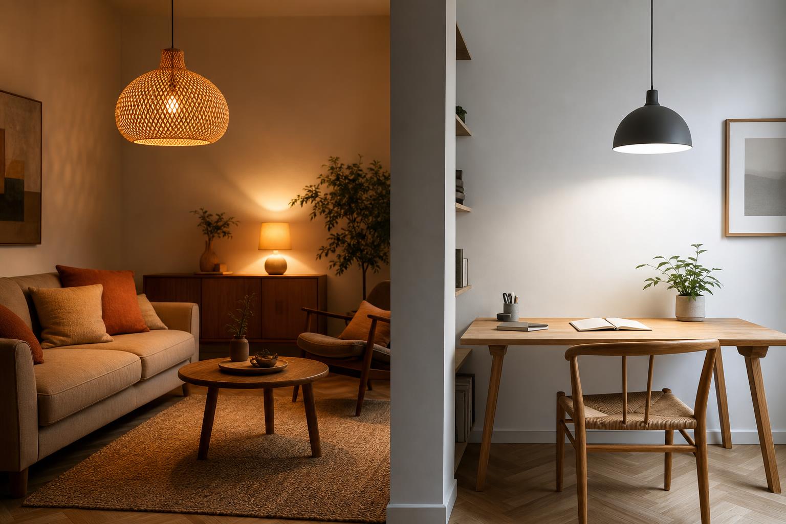 Comparaison lumière chaude salon et lumière froide bureau home office