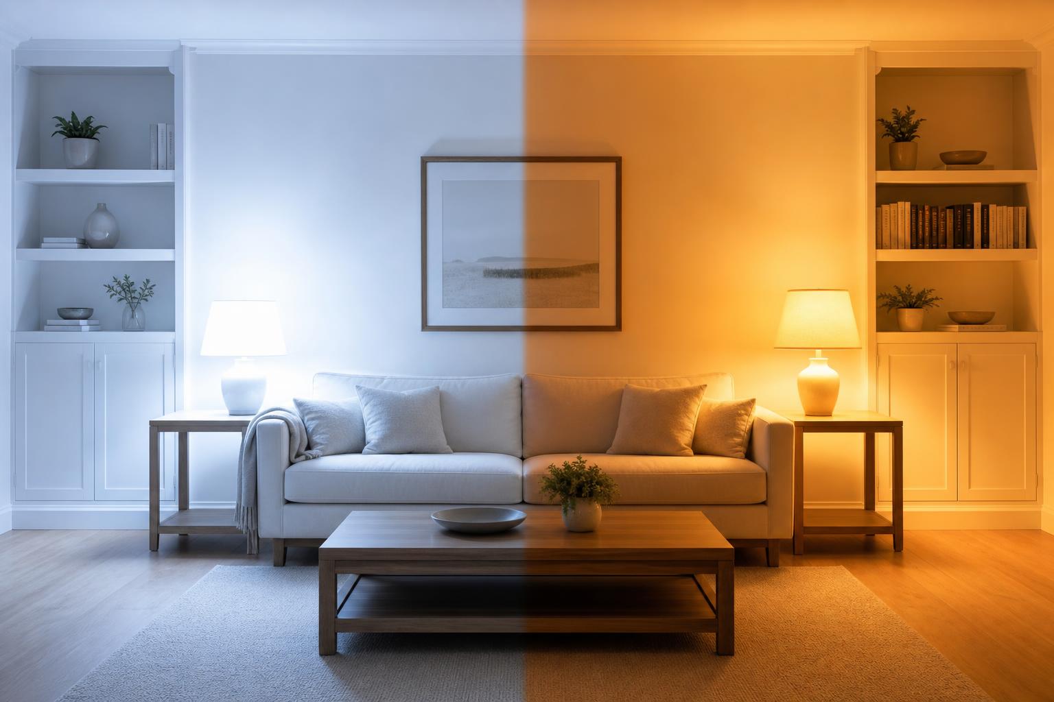 Comparaison lumière froide 6500K et lumière chaude 2700K dans un salon