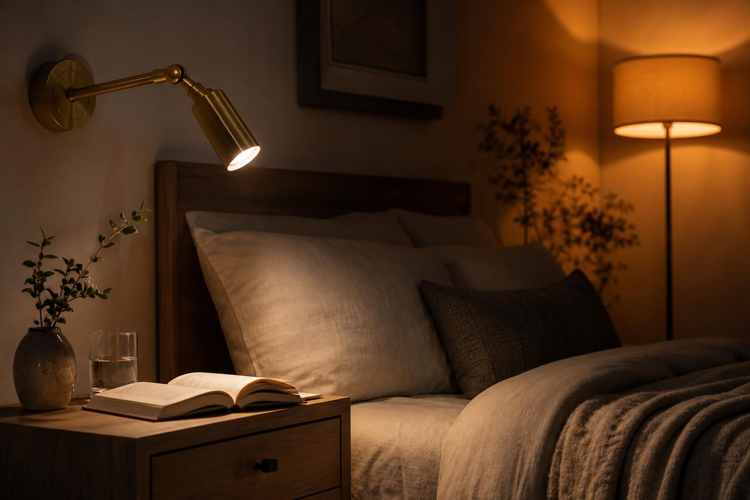 Applique laiton lecture et lampe de sol ambiance dans chambre adulte