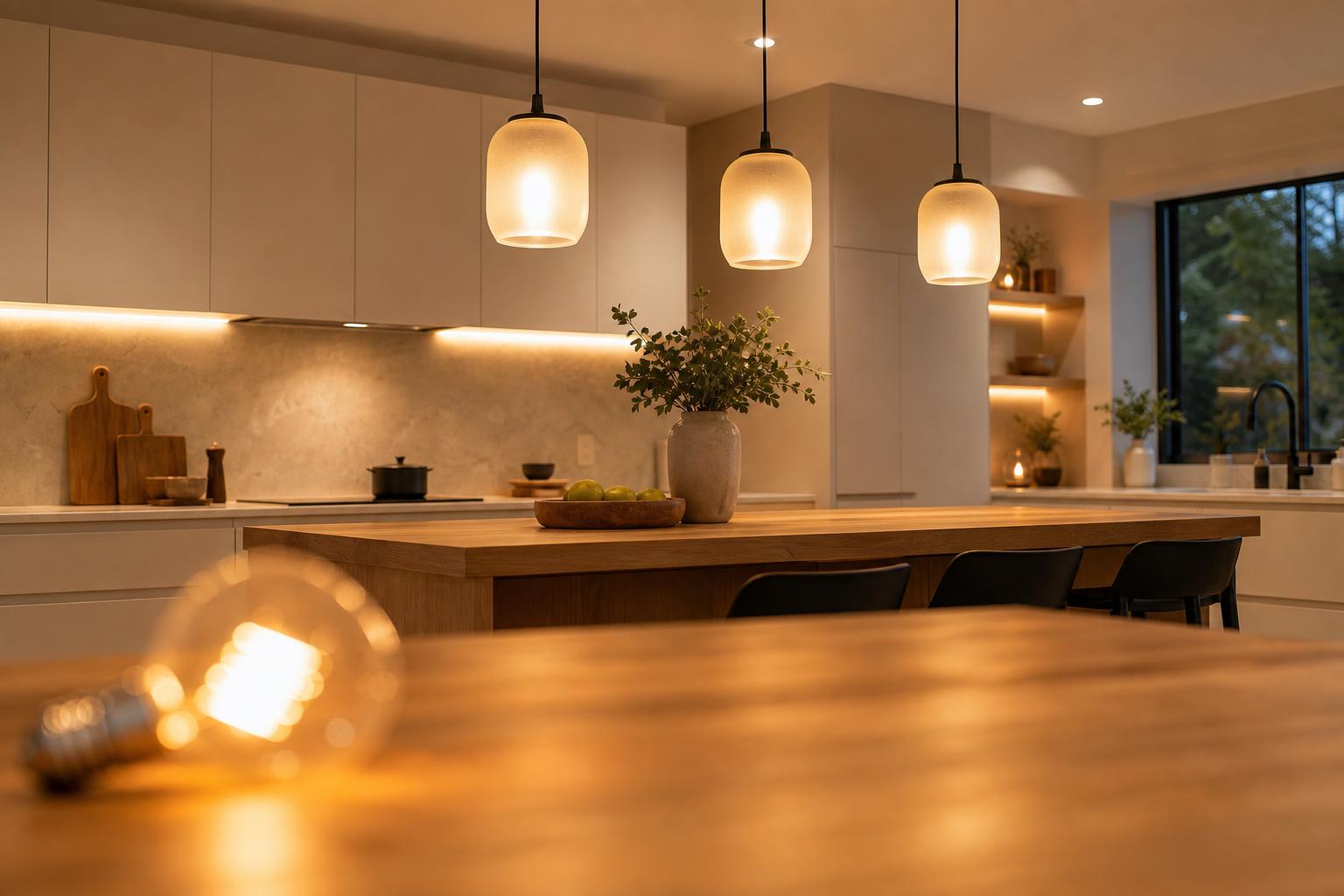 Cuisine moderne avec suspensions en verre et éclairage LED chaleureux