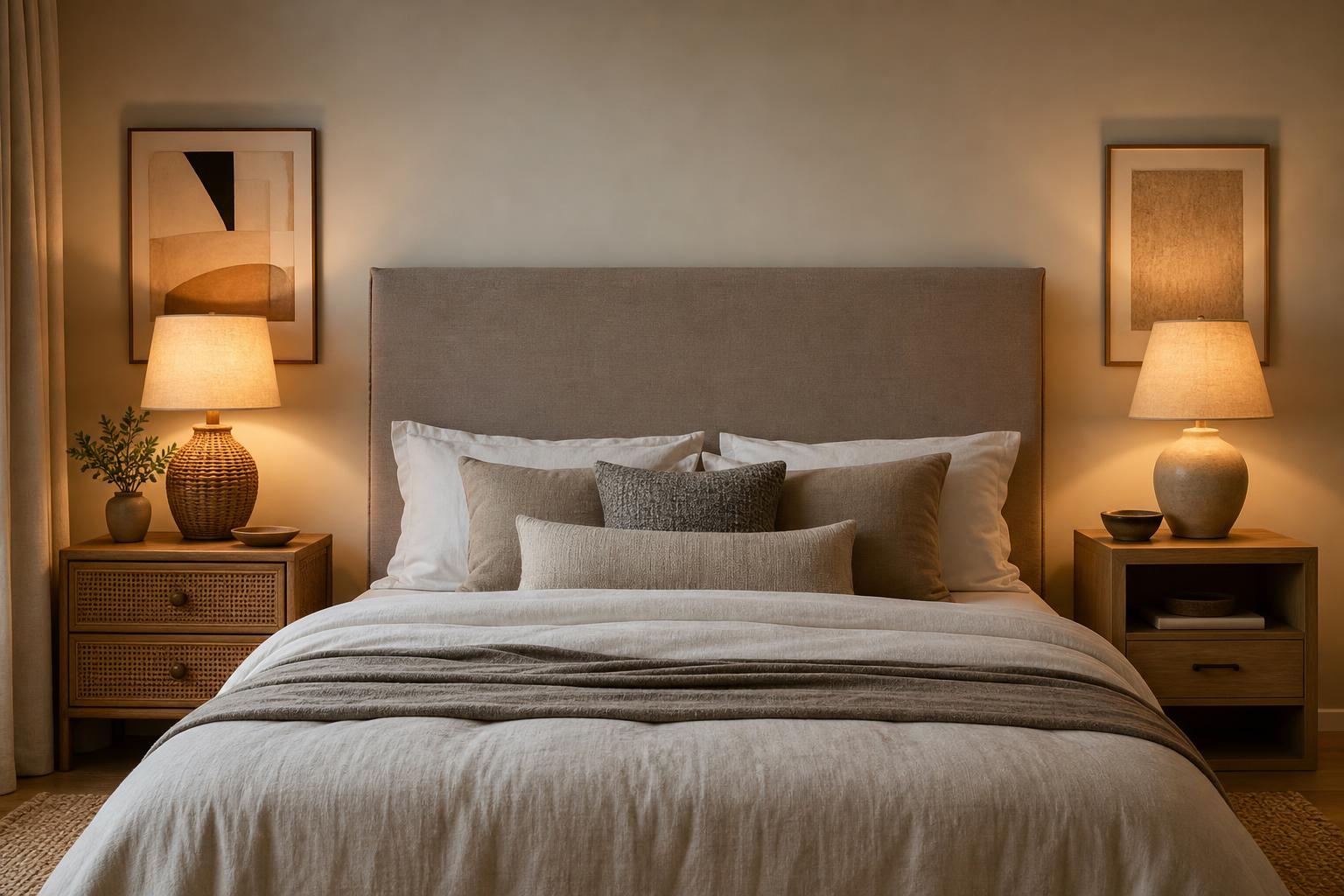 Deux lampes de chevet asymétriques rotin et céramique, chambre double harmonieuse