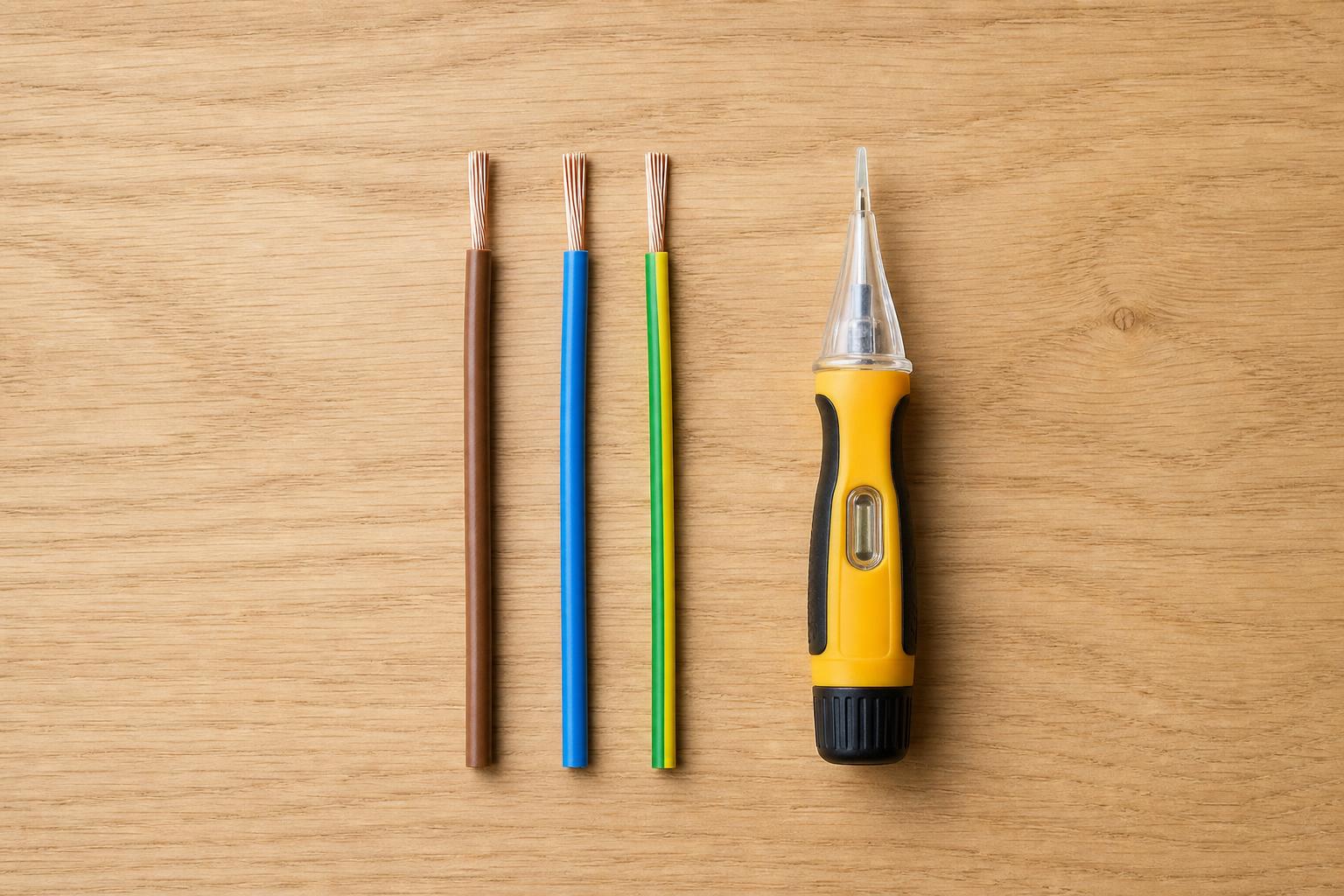 Fils électriques phase neutre terre marron bleu vert jaune avec testeur de tension