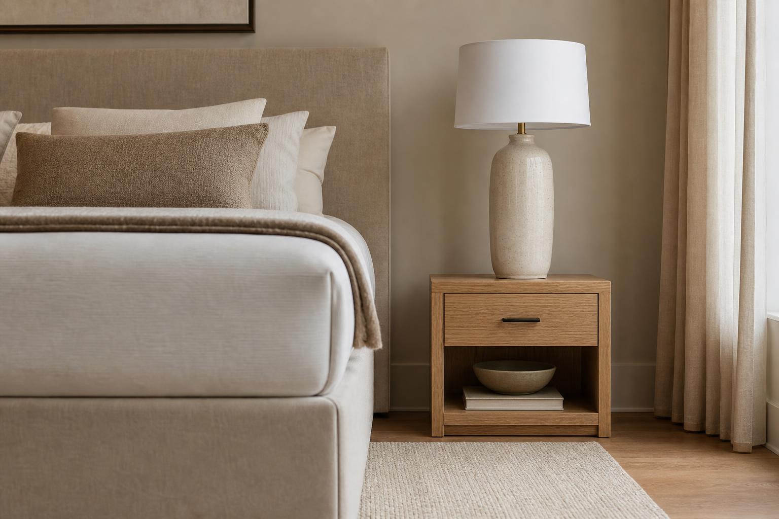 Vue de profil lampe de chevet hauteur par rapport matelas et table nuit