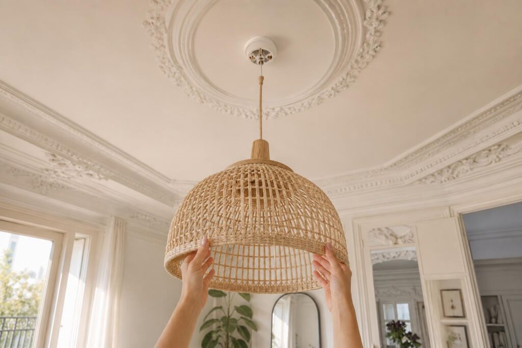 Installation d'une suspension en rotin sur une prise DCL au plafond haussmannien
