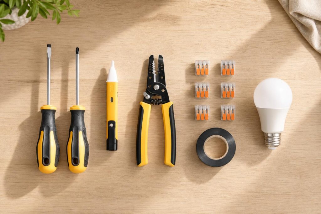 Outils pour installer un plafonnier soi-même sur établi bois clair