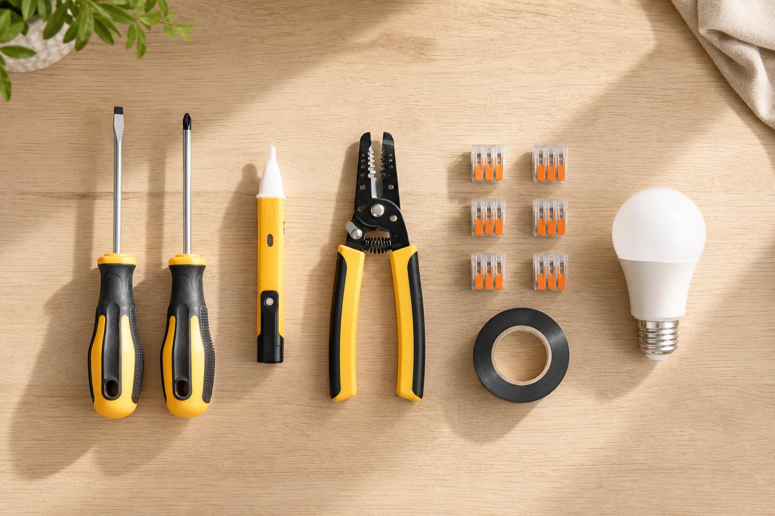 Outils pour installer un plafonnier soi-même sur établi bois clair