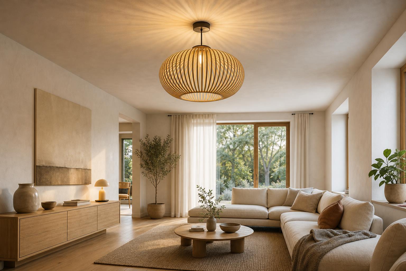 Plafonnier design allumé dans salon scandinave lumineux après installation réussie