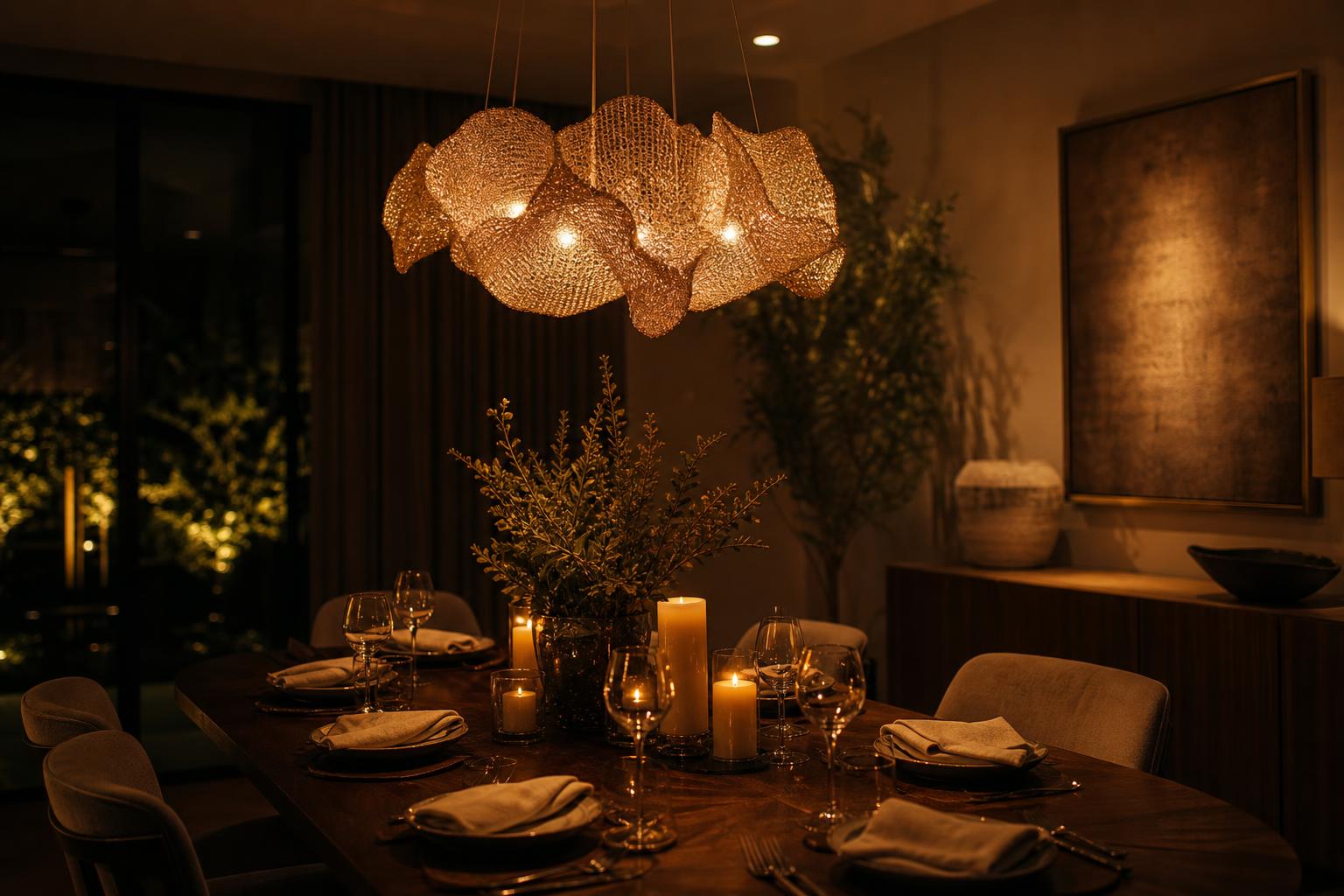 Salle à manger soirée suspension tamisée ambiance chaleureuse lumière gradée