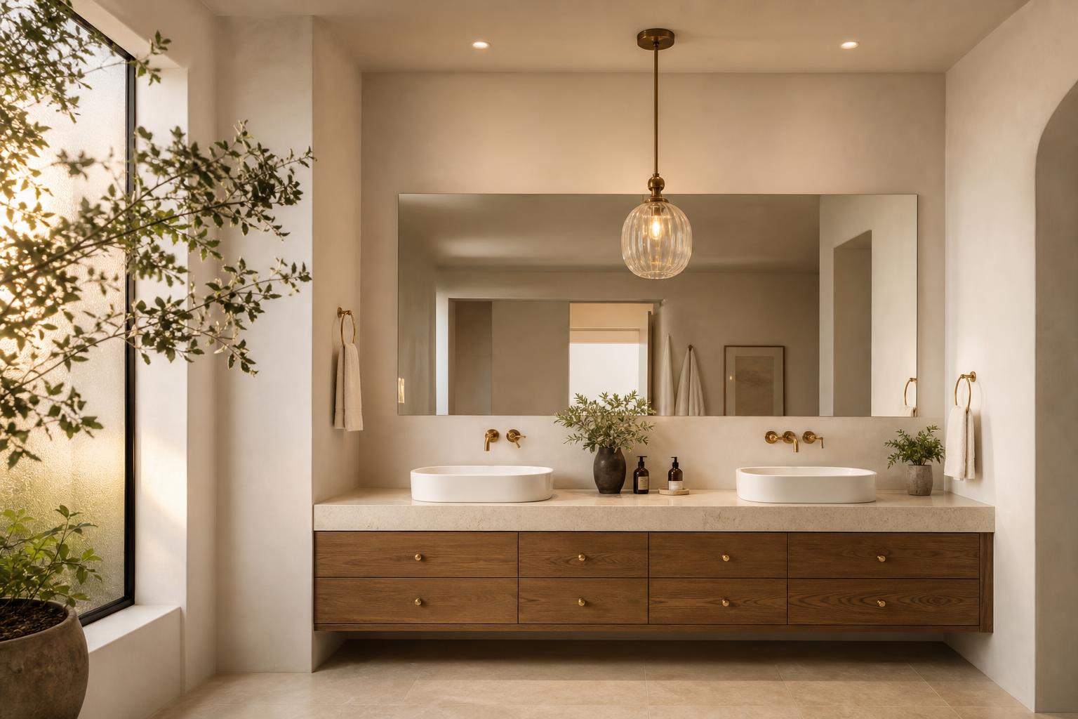 Salle de bain double vasque suspension verre hors zone lumière chaude élégante