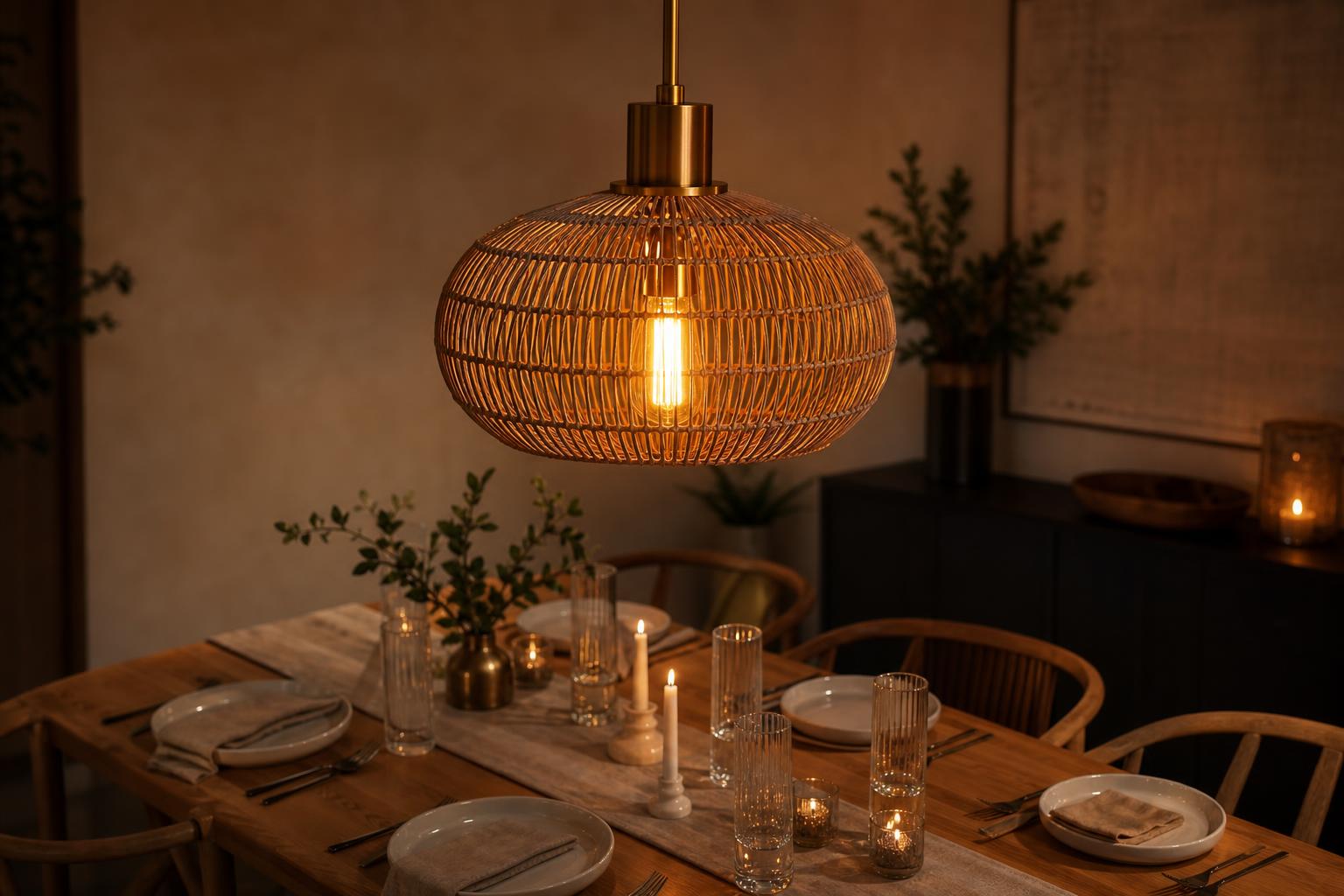 Suspension rotin laiton avec ampoule filament LED dorée au-dessus d'une table à manger