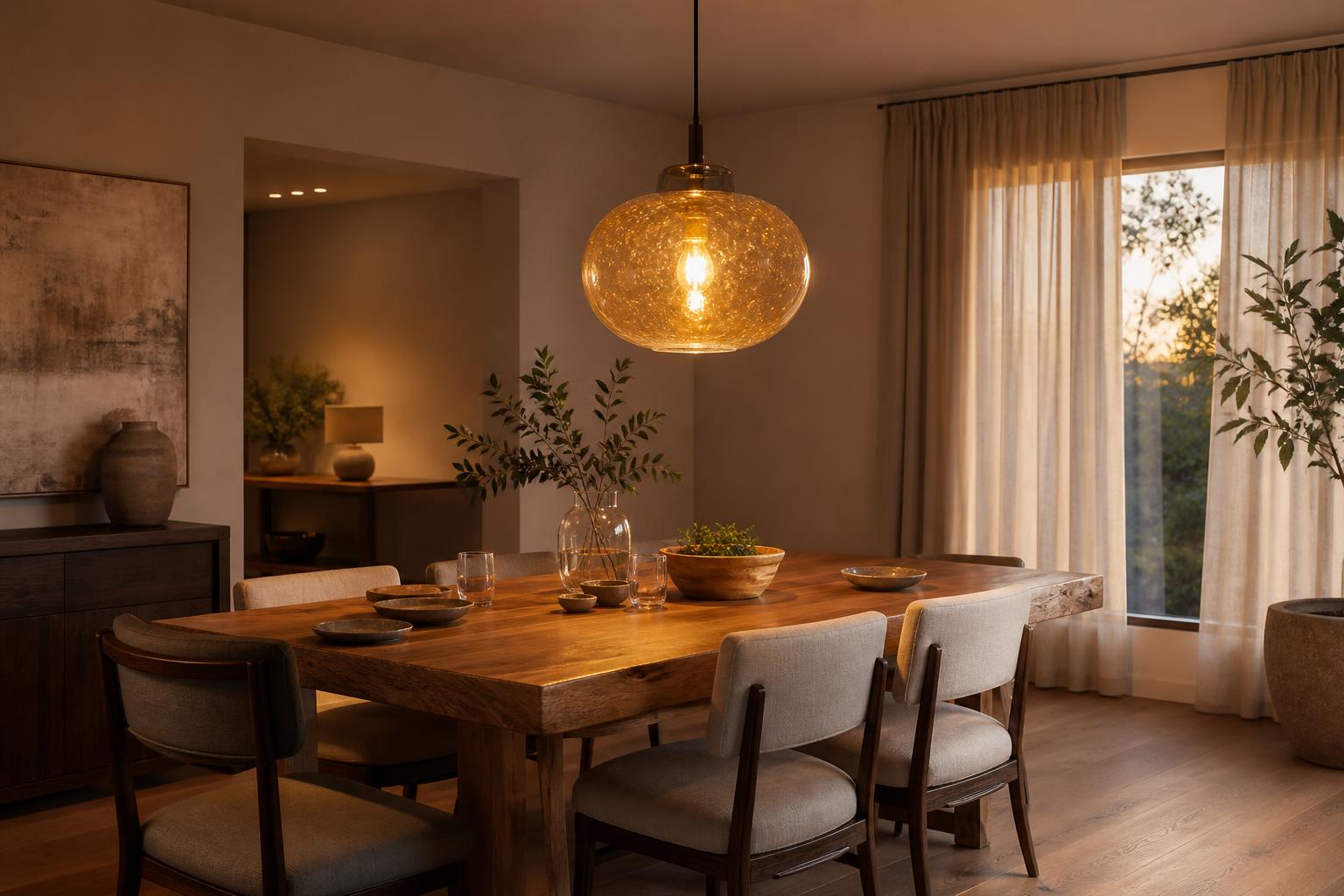 Suspension verre soufflé allumée lumière ambrée au-dessus table bois salle à manger