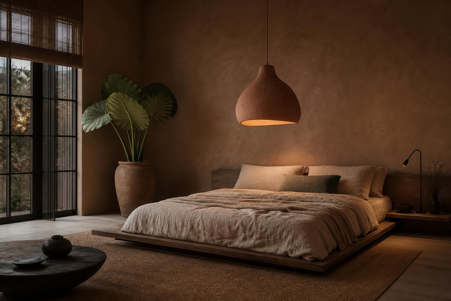 Chambre japandi suspension céramique terracotta tendance éclairage 2025