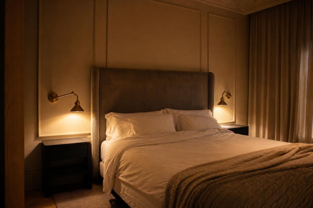 Applique liseuse laiton brossé symétrique chambre hôtel tête de lit velours