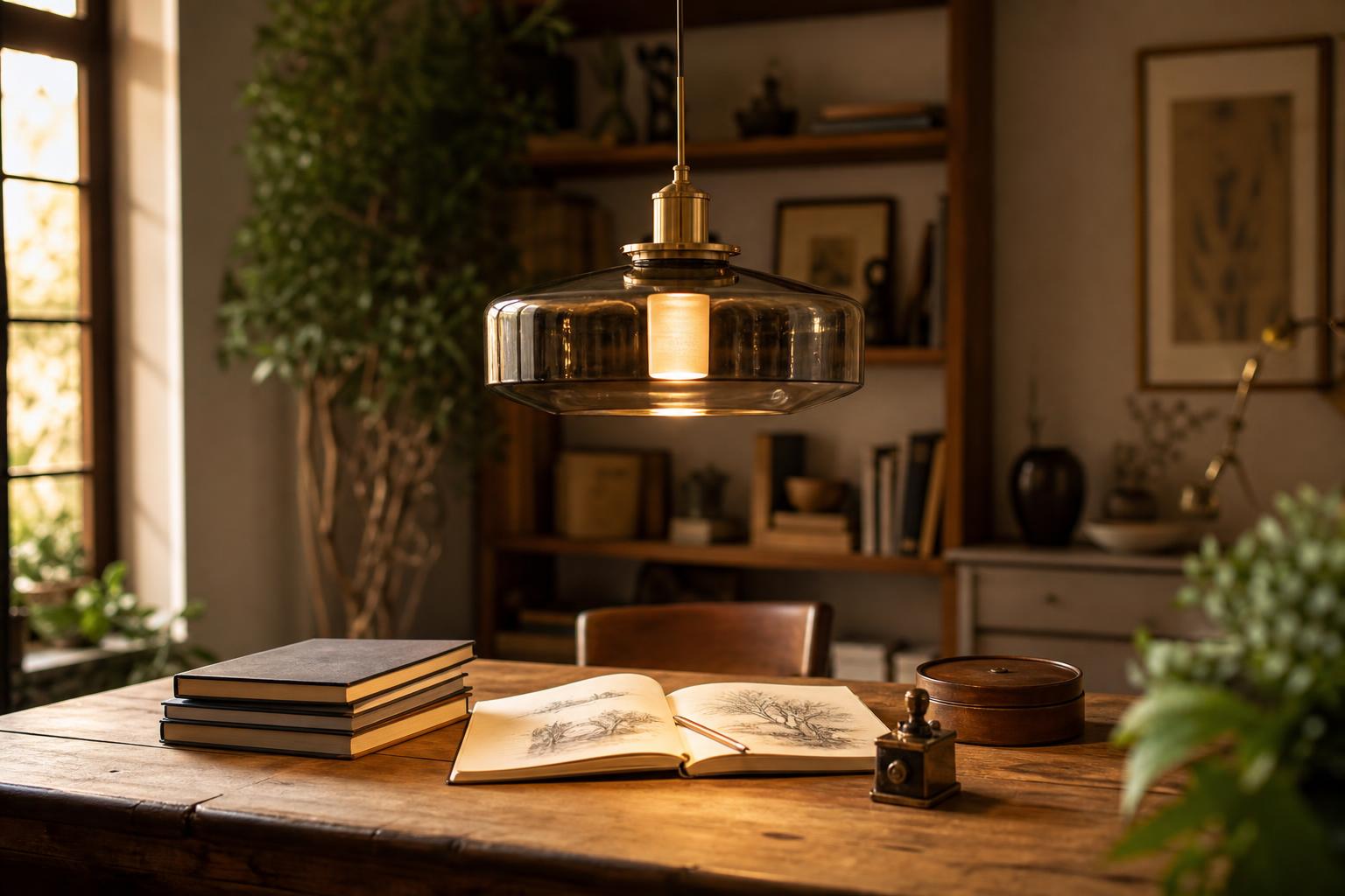 Bureau créatif cosy avec suspension en verre fumé laiton et bois brut