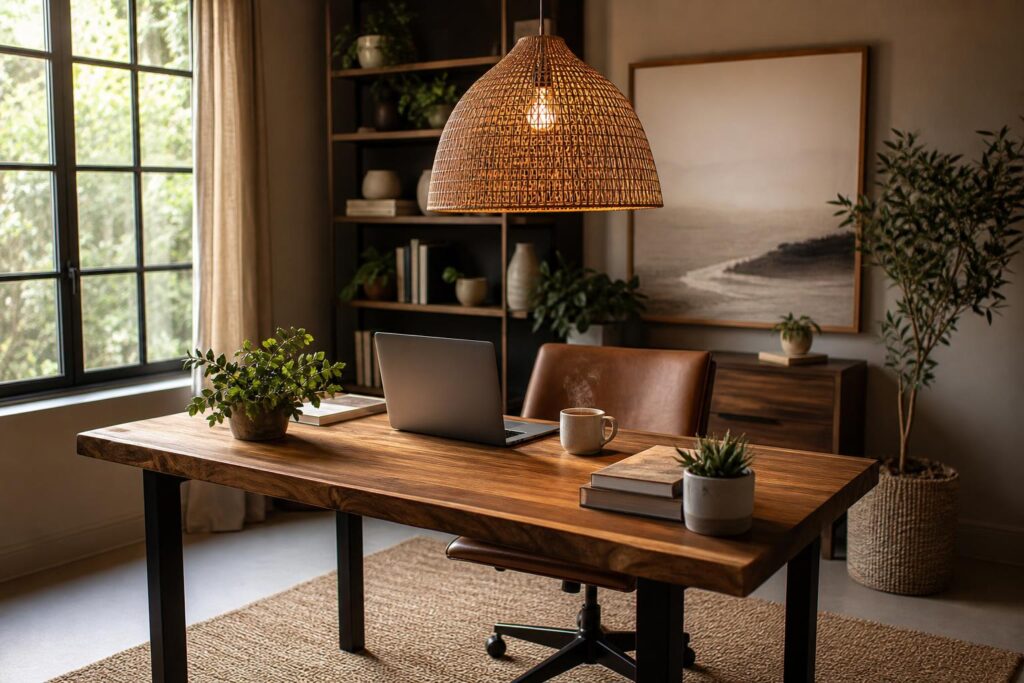 Bureau à domicile lumineux avec suspension en rotin et plantes vertes