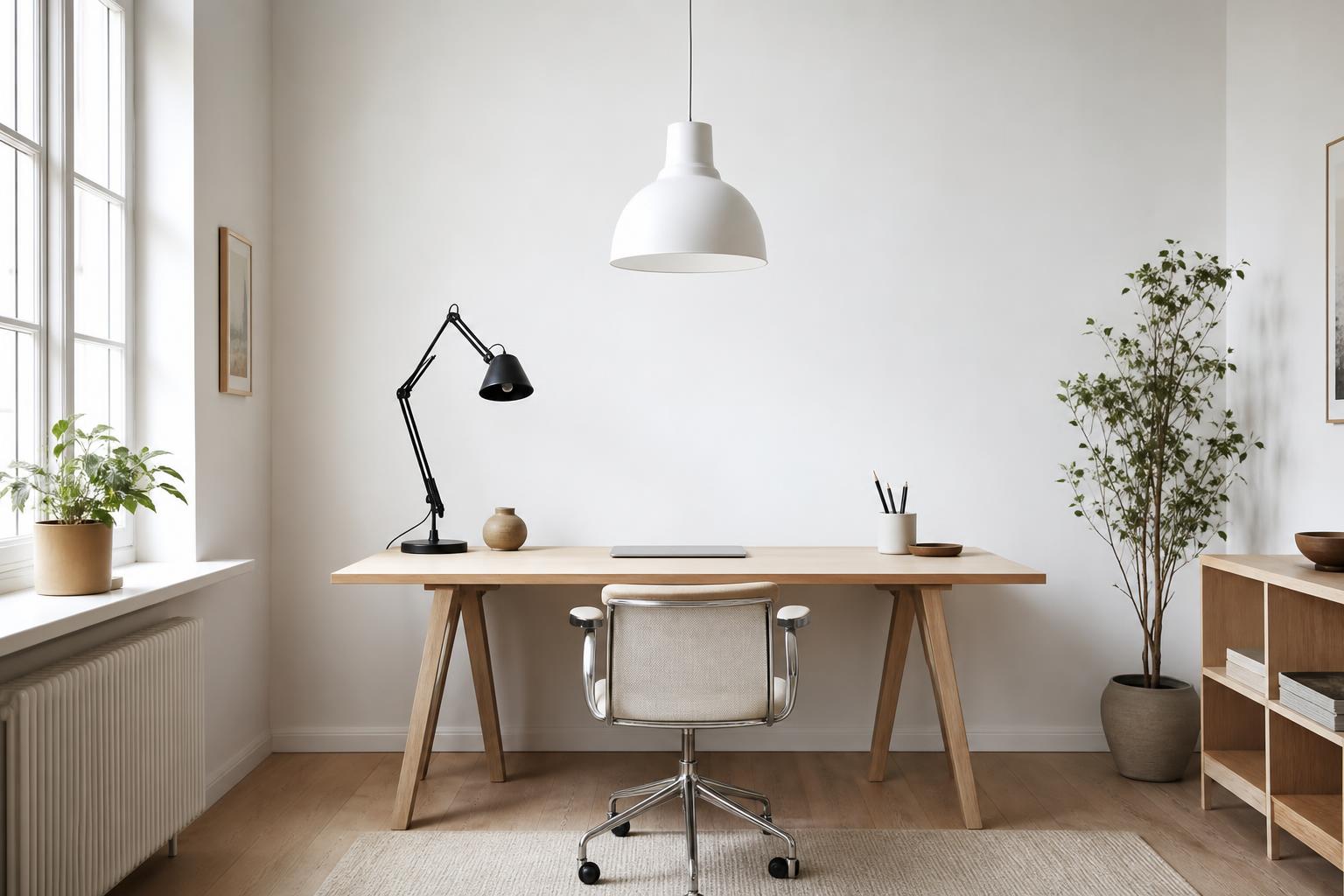 Bureau minimaliste scandinave avec suspension blanche et lampe noire orientable