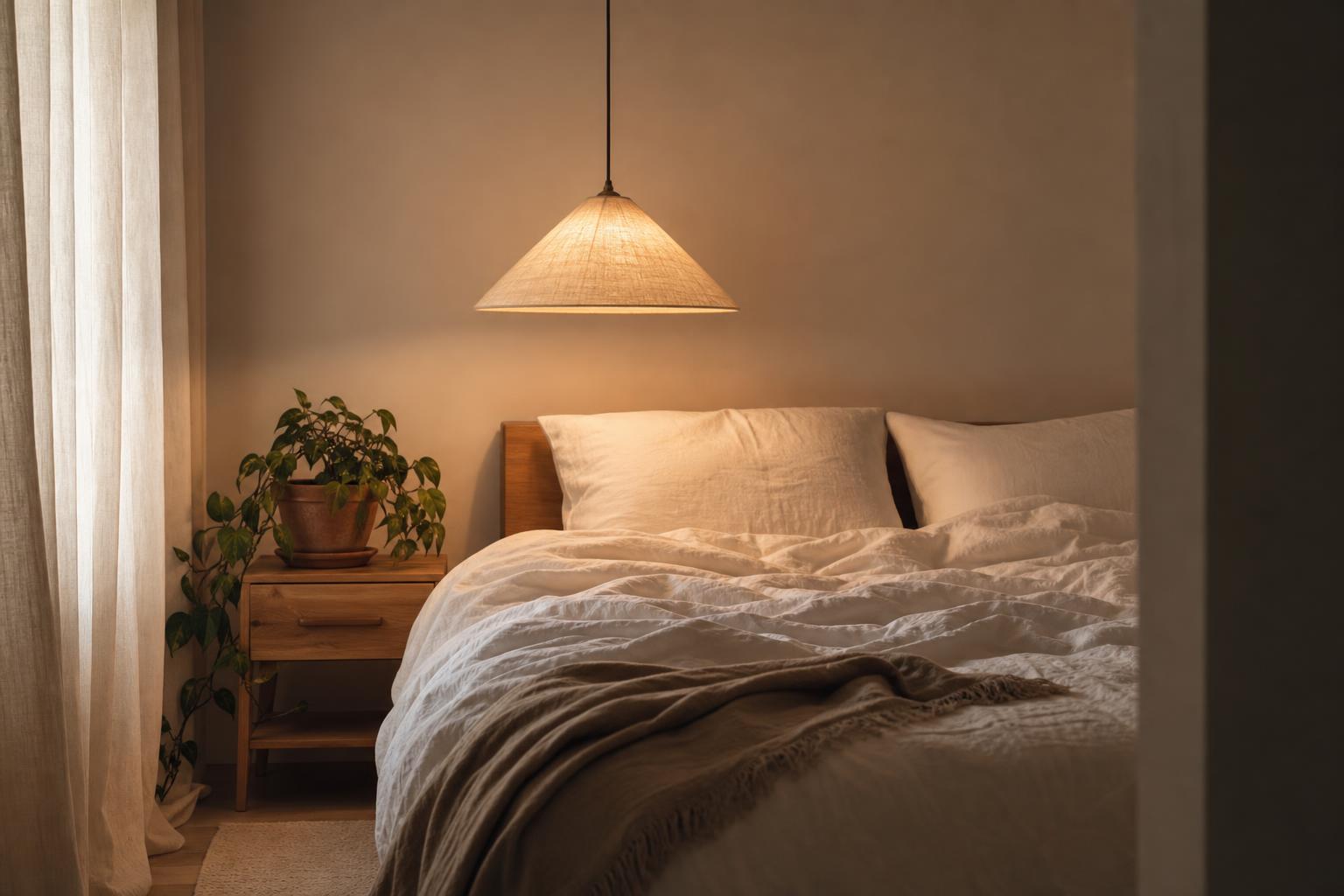 Chambre minimaliste apaisante éclairée par suspension tissu lumière chaude tamisée