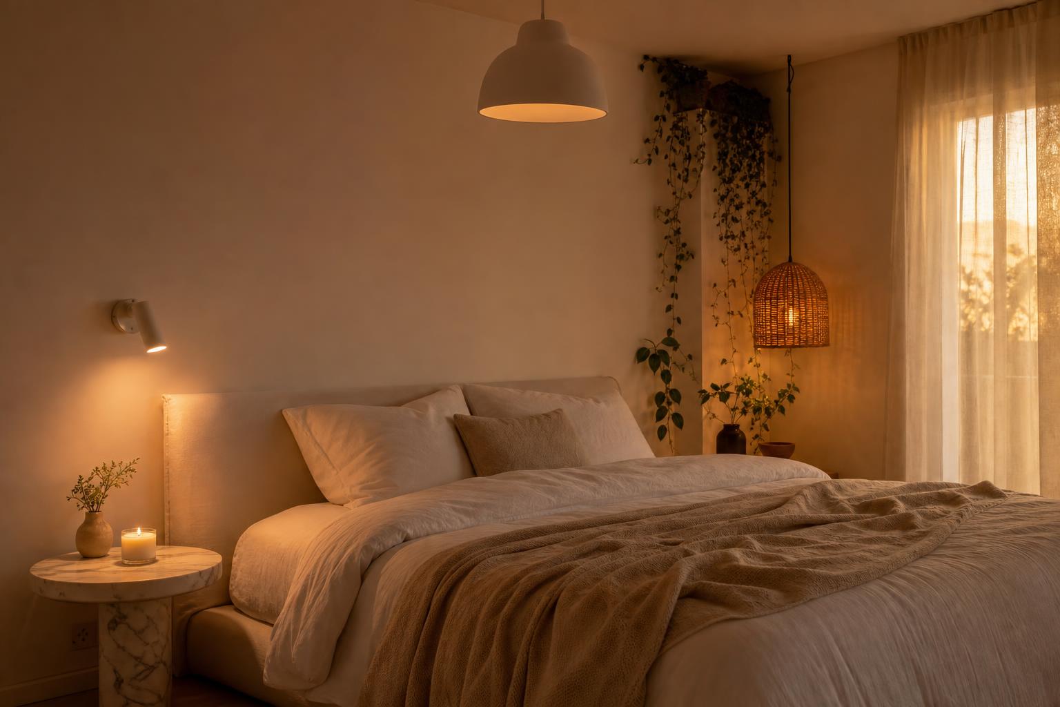 Chambre cocooning scandinave japonaise éclairage doux 2700K suspension applique murale et bougie