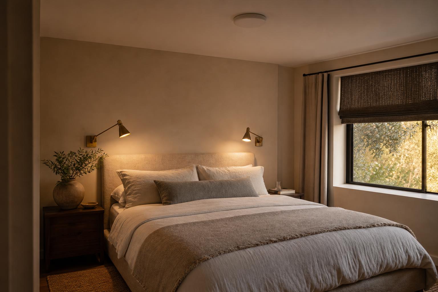 Chambre plafond bas plafonnier plat liseuses murales ambiance cocooning